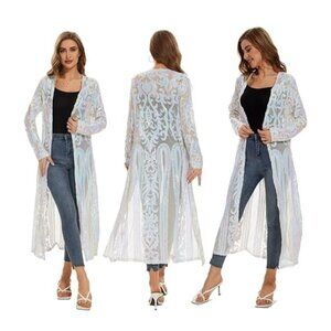 NEW!  VJJ Aidear Sequin Cardigan Iridescent Open Front Duster Coat Dress Medium